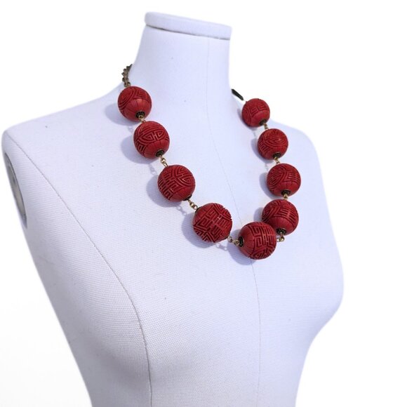 Vintage Chunky Cinnabar Necklace Signed Jan Michaels Carved Beaded Statement - Picture 3 of 7